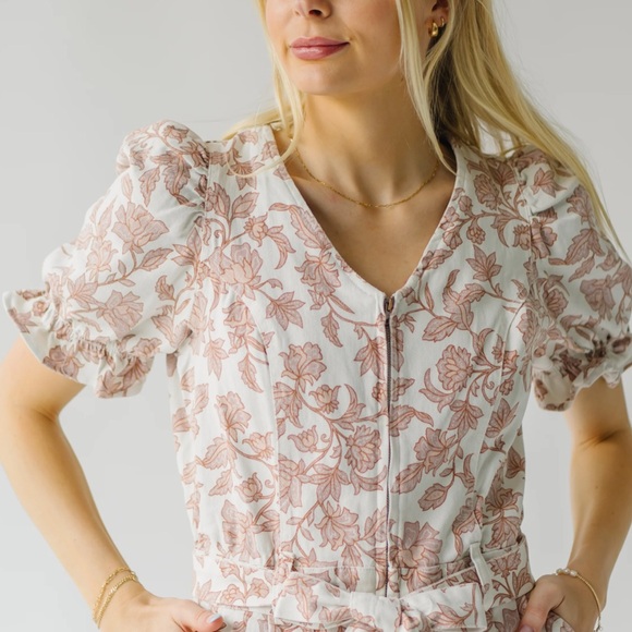 The Roxand Puff Sleeve Jumpsuit in Ivory + Pink - Picture 2 of 5